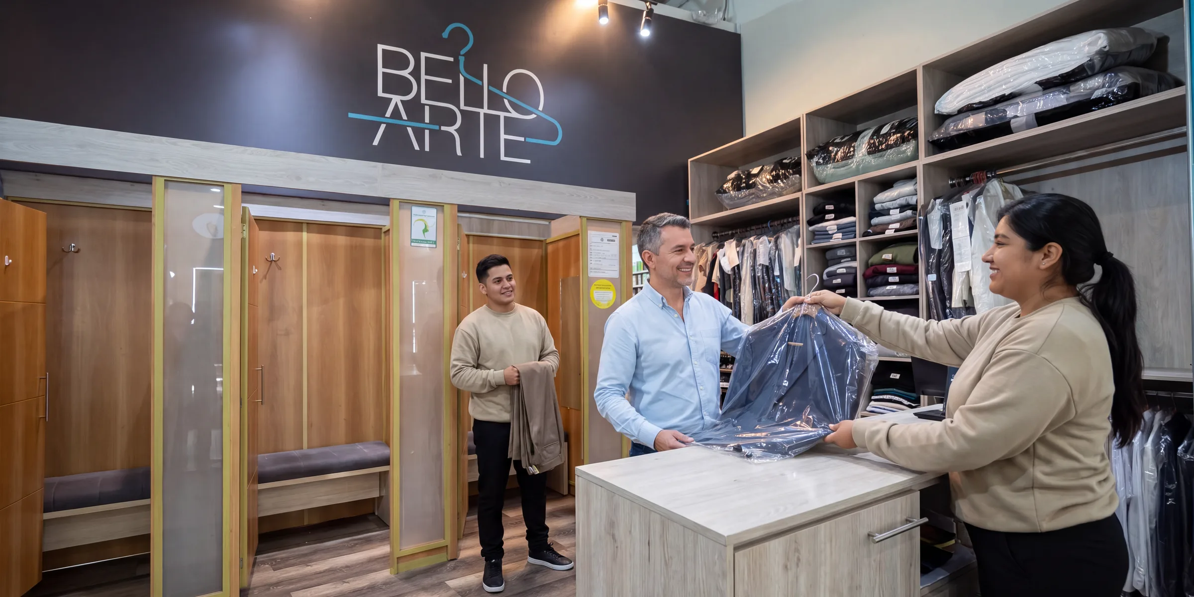 Clienta entregando un traje limpio en funda a un cliente, en el mostrador de la sede Puerta del Norte