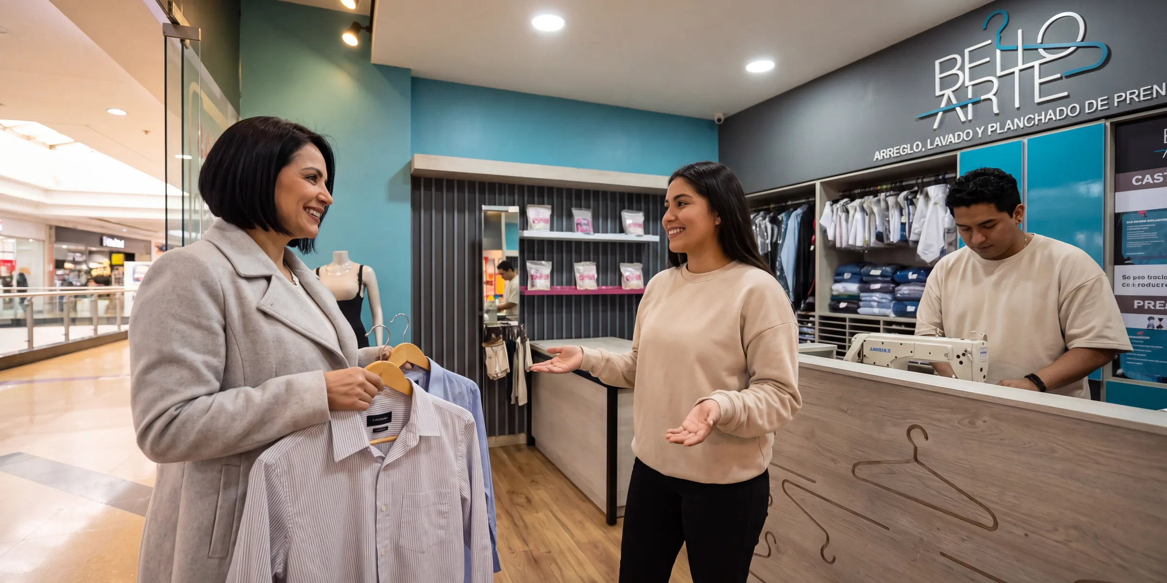 Clienta recibida en la sede Premium Plaza con sus camisas en percha
