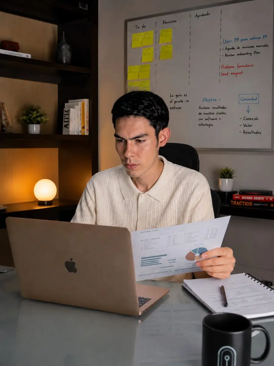 Nico González revisando un reporte de métricas frente al computador