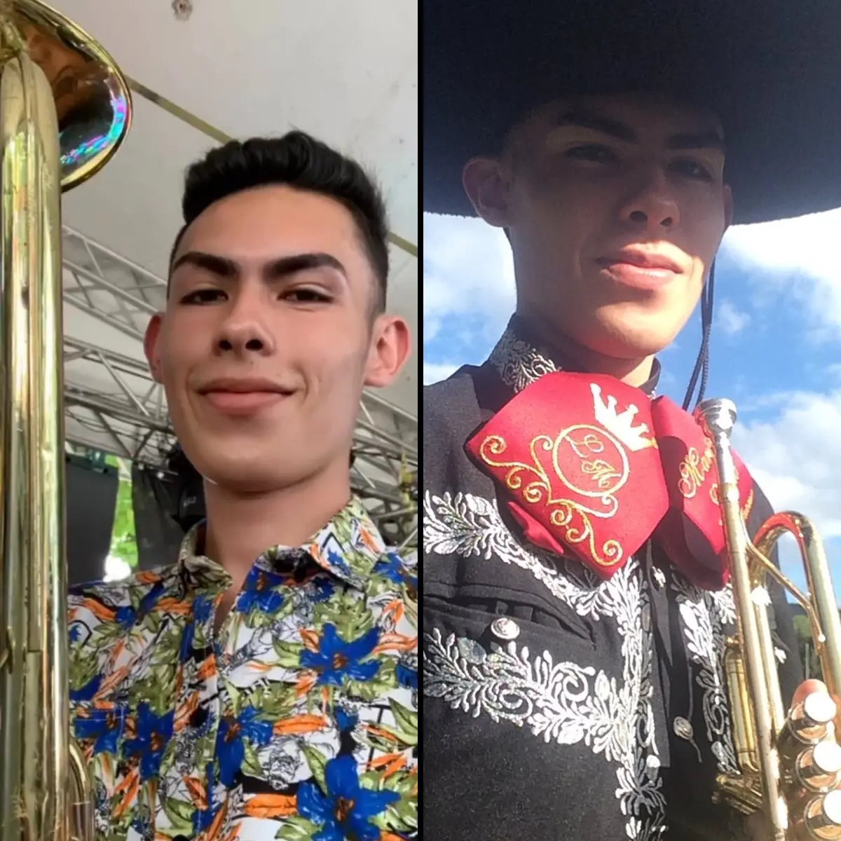 Nico González tocando el bombardino y vestido de mariachi con la trompeta